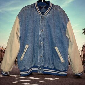Vintage Basic Editions Denim Bomber Varsity Jacket Boxy XL Grunge Distressed